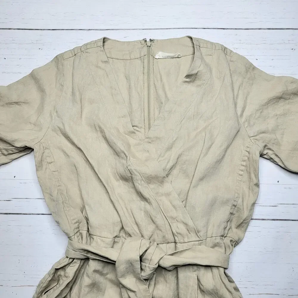 Everlane The Wrap Jumpsuit Linen Cropped Khaki Tan Wide Leg V Neck Small 6